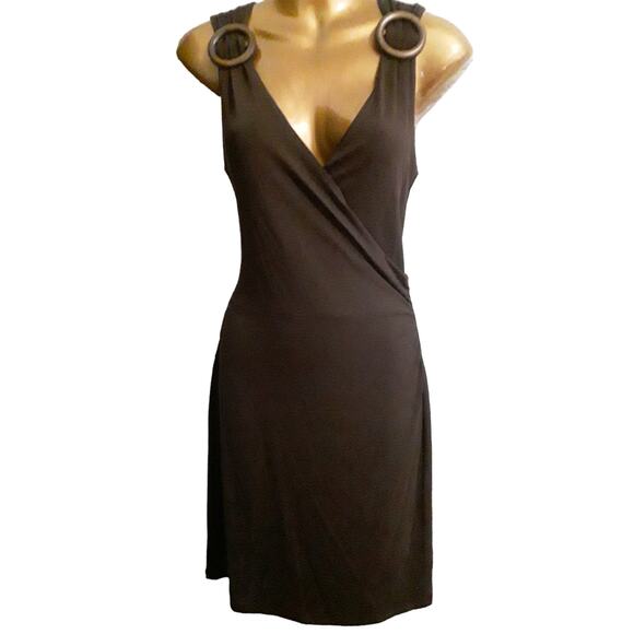 Michael Kors Sz. 8 Brown Wrap Style Bodycon Dress with Wood Circle Detail - Picture 7 of 7